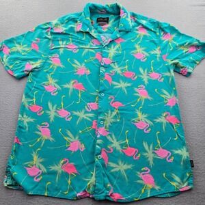 Valor Collective Hawaiian Shirt Mens L Green Pink Flamingo Tropical Rayon Beach